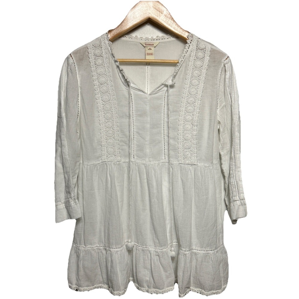 Sundance Embroidered 3/4 Sleeve Tunic‎ Blouse Ivory Size Medium Summer Boho